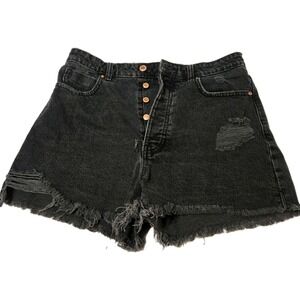 Zara Hi Rise Button Fly Distressed Frayed Hem Denim Shorts Black Size 10